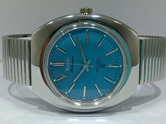 Vintage Hmt Kohinoor Mechanical Winding Para Shock 17 Jewels Sky Blue Dial Watch