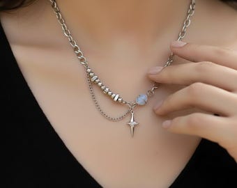Multi-Layered Star Cross Pendant Necklace – Titanium Steel K-Pop Jewelry