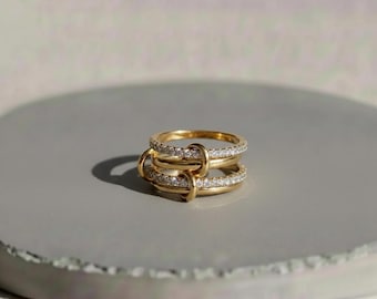 Two-Tone Interlocking Ring | Four-Layer CZ Gold Bands | Hypoallergenic Stacking Ring for Women