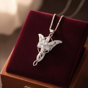 K&ouml;nnte beinhalten: Eine silberfarbene Halskette mit Anh&auml;nger, die ein sternf&ouml;rmiges Design mit klaren, funkelnden Edelsteinen aufweist. Der Anh&auml;nger h&auml;ngt an einer zarten Kette und liegt auf einer bordeauxroten Samtoberfl&auml;che in einer Holzbox. Die Halskette ist ein Schmuckst&uuml;ck.