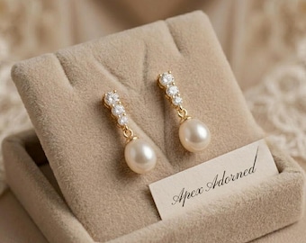 Natural Freshwater Pearl Earrings 7–8mm with 18K Gold Zircon – Gold Pearl Drop, Bridal Teardrop, Dainty Wedding Jewelry