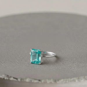 Authentic 925 Sterling Silver Rectangle Paraiba Tourmaline Ring for Women – Elegant Classic Female Finger Ring, Fine Charm Jewelry