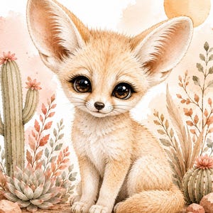 May include: A watercolor illustration of a fennec fox with large ears and dark eyes, sitting among desert plants including a tall cactus, a small round cactus with pink flowers, and dried foliage against a soft peach-colored background.
