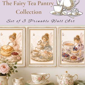Traditionele Afternoon Tea Feeën Muurdecoratie Set | Theepot Fee, Devonshire Tea Fee & Thee Schenken Fee | Cottagecore Kinderkamer Prints