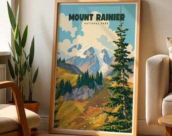 Poster Mount Rainier National Park, retro Washington Travel Print, Cascade Mountain muurkunst, afdrukbaar alpine decor, wandelcadeau