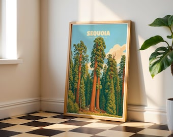 Plakat z Parkiem Narodowym Sekwoi, wydruk z mamutowcem olbrzymim, sztuka ścienna z Kalifornii, plakat z podróżą w stylu retro, dekoracja ścienna z lasu, prezent dla miłośników pieszych wędrówek, sztuka w domku letniskowym