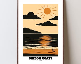 Póster retro de la costa de Oregón: Lámina de viaje de Oregón, EE. UU. (Descarga digital)