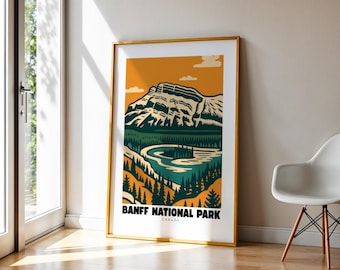 Banff National Park poster, retro Canada reizen print, Canadian Rockies muurkunst, afdrukbaar bergdecor, housewarmingcadeau