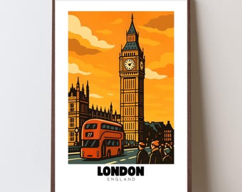 Póster retro del Big Ben de Londres: Arte mural de viaje por Inglaterra (Descarga digital)
