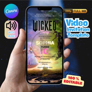 Può includere: Uno schermo di smartphone mostra un modello di invito alla festa "Wicked". Il design presenta una strega, una principessa e il testo "Sophia compie 10 anni". Il testo aggiuntivo include i dettagli della festa e "100% modificabile".
