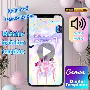 Può includere: Uno smartphone mostra un modello di invito di compleanno digitale con elementi animati. Il design presenta un pulsante di riproduzione, testo e grafica, con le parole "Animato, Personalizzabile, Compleanno, Invito, modello" visibili. L'invito è per sabato 7 settembre alle 17:00.