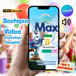 Invito video di compleanno Zootropolis2, modificabile con Canva (digitale)