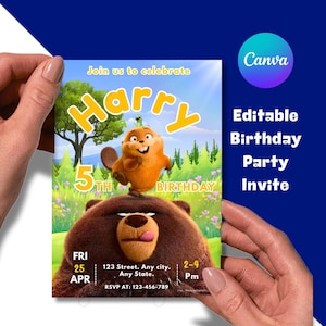May include: A birthday party invitation featuring a cartoon bear and a beaver. The invitation reads "Harry 5th Birthday" in yellow text. Additional text includes "Join us to celebrate", "Editable Birthday Party Invite", and event details.