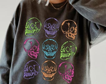 Colorful Skull Sweatshirt,Retro Halloween Skeleton Crewneck,Neon Skull,Gothic Skull Pullover,Spooky Season Sweater,Fall Gift,Oversized