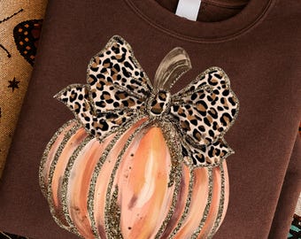 Pumpkin Sweatshirt,Leopard Bow Fall Crewneck,Autumn Pullover,Cute Halloween Gift,Cozy Women's Seasonal Top,Spooky Harvest Fashion Style