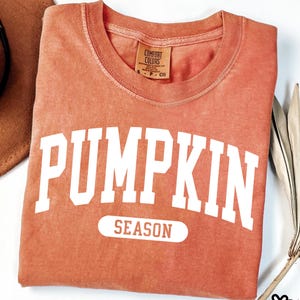 Puede incluir: Una camiseta de cuello redondo color naranja quemado con el texto blanco PUMPKIN en una fuente universitaria grande, y la palabra SEASON impresa en una fuente blanca más pequeña dentro de un rectángulo blanco redondeado debajo.