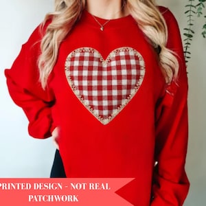 Valentine Patchwork Heart Sweatshirt,Womens Valentine's Day,Faux Patchwork with Gingham Heart Print,Cozy Valentine Crewneck,Love Gift