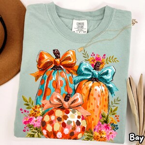 Pumpkin Floral Shirt,Coquette Fall Bow Tee,Harvest T-shirt, Autumn Apparel,Thanksgiving Gift,Cottagecore Womens Shirt,Preppy Pumpkin Season