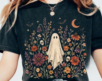 Floral Ghost Halloween Shirt,Cottagecore Comfort Colors Tee,Botanical Wildflower Tshirt,Cute Spooky Fall,Vintage Autumn,Witchy Garden