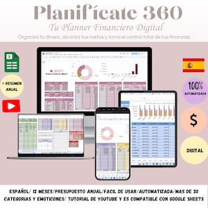 Puede incluir: Un planificador financiero digital se muestra en una computadora portátil, tableta y teléfono inteligente. Las pantallas muestran gráficos y hojas de cálculo financieras. El texto incluye "Planifícate 360" y "Tu Planner Financiero Digital".