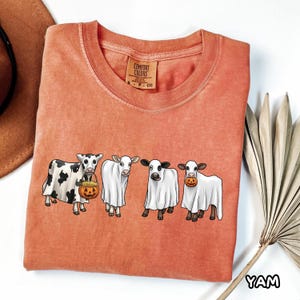 May include: A burnt orange crewneck t-shirt featuring a graphic of four cows wearing white ghost costumes. One cow holds a jack-o'-lantern bucket, and another holds a small pumpkin in its mouth. The shirt has a Comfort Colors brand label.