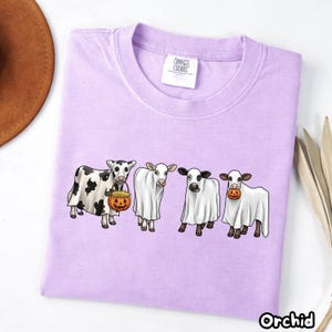 May include: A light purple t-shirt featuring a graphic of four cows wearing white ghost costumes. One cow has black spots, and two of the cows are holding small orange jack-o'-lantern pumpkins. The shirt has a white tag reading Comfort Colors.