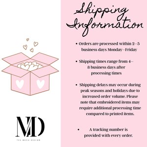 May include: A light pink graphic featuring an open box filled with white hearts and floating heart outlines. Below the box is a black logo with the letters MD and the text THE MECA DESIGN. The right side contains black text detailing shipping information.