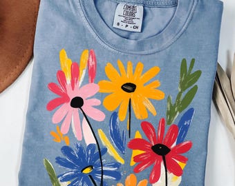 Comfort Colors  Spring Shirt,Colorful Floral T-Shirt,Garden Shirt,Hand Painted Flower Shirt,Boho Art Tee,Spring Summer Graphic Shirt,Flowers