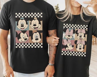 Camiseta cómoda retro de Mickey y Minnie, camiseta para parejas de Disney, camiseta de Disneyworld, camisetas para viajes a Disneyland, camiseta a cuadros de Mickey y sus amigos.