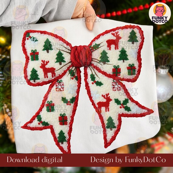 Preppy Coquette Christmas PNG, Yarn Faux Embroidery Pink Bow, Christmas Bow Design, Holiday PNG, Christmas Sublimation File