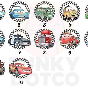 May include: A collection of twelve cartoon car illustrations, each within a black and white checkered circle. The cars vary in color and style, including a light blue vintage car, a green van, and a red race car.
