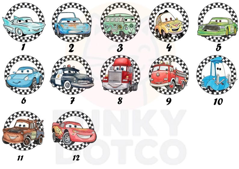 May include: A collection of twelve cartoon car illustrations, each within a black and white checkered circle. The cars vary in color and style, including a light blue vintage car, a green van, and a red race car.