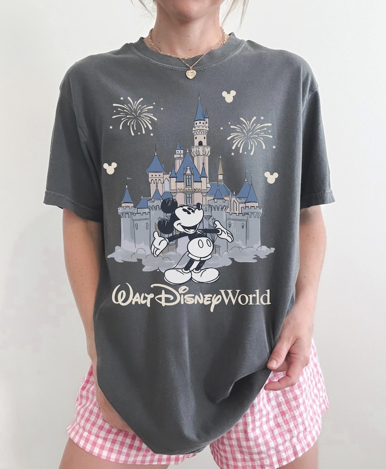 May include: Dark gray t-shirt featuring a graphic of Cinderella's castle, Mickey Mouse, and fireworks. The text "Walt Disney World" is printed below the graphic. The shirt is a relaxed fit.