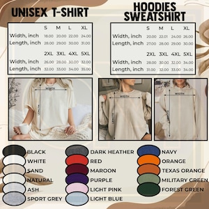 May include: The image displays a size chart for unisex t-shirts and hoodies/sweatshirts. The t-shirt chart provides measurements for width and length in inches, from S to 5XL. The hoodie chart also gives width and length measurements in inches, from S to 5XL. Colour options are listed.