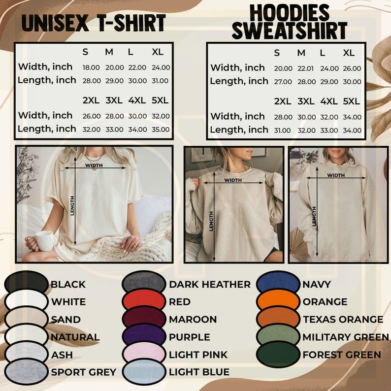May include: The image displays a size chart for unisex t-shirts and hoodies/sweatshirts. The t-shirt chart provides measurements for width and length in inches, from S to 5XL. The hoodie chart also gives width and length measurements in inches, from S to 5XL. Colour options are listed.