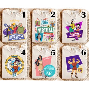 May include: Six off-white t-shirts with colorful graphic designs. Each shirt features a "runDisney" logo and a "2026 Virtual 5K" theme. The designs include characters from Disney movies like Kuzcotopia, Goofy, and Hercules.
