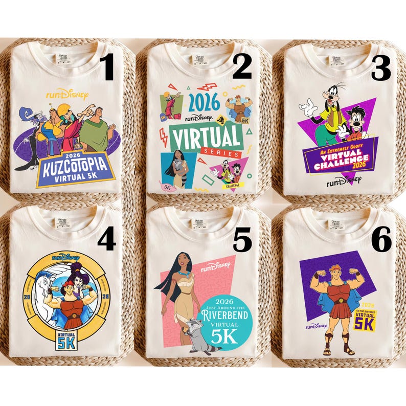 May include: Six off-white t-shirts with colorful graphic designs. Each shirt features a "runDisney" logo and a "2026 Virtual 5K" theme. The designs include characters from Disney movies like Kuzcotopia, Goofy, and Hercules.