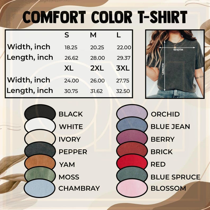 Puede incluir: Imagen que muestra una camiseta Comfort Color con opciones de tama&ntilde;o y color. La tabla de tallas enumera las medidas de ancho y largo en pulgadas para las tallas S, M, L, XL, 2XL y 3XL. Las opciones de color incluyen negro, blanco, marfil, pimienta, &ntilde;ame, musgo y chambray.