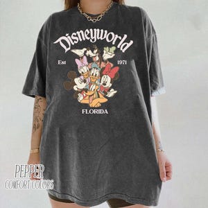 May include: Dark gray t-shirt featuring the text "Disneyworld" above a graphic of Disney characters. The shirt includes the text "Est 1971" and "Florida". The shirt is a comfort colors brand.