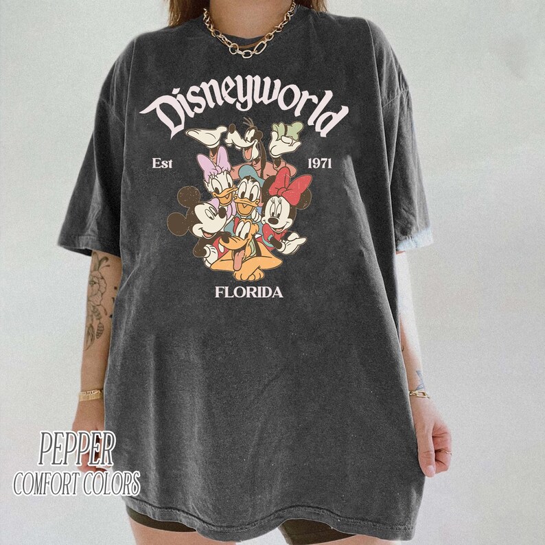 May include: Dark gray t-shirt featuring the text "Disneyworld" above a graphic of Disney characters. The shirt includes the text "Est 1971" and "Florida". The shirt is a comfort colors brand.