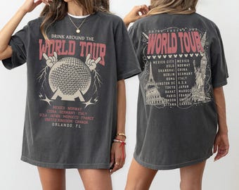 Camiseta retro Epcot World Tour de doble cara Comfort Colors, camiseta Epcot Drink Around the World, camiseta Drink Around The World, camisetas Epcot Disney World