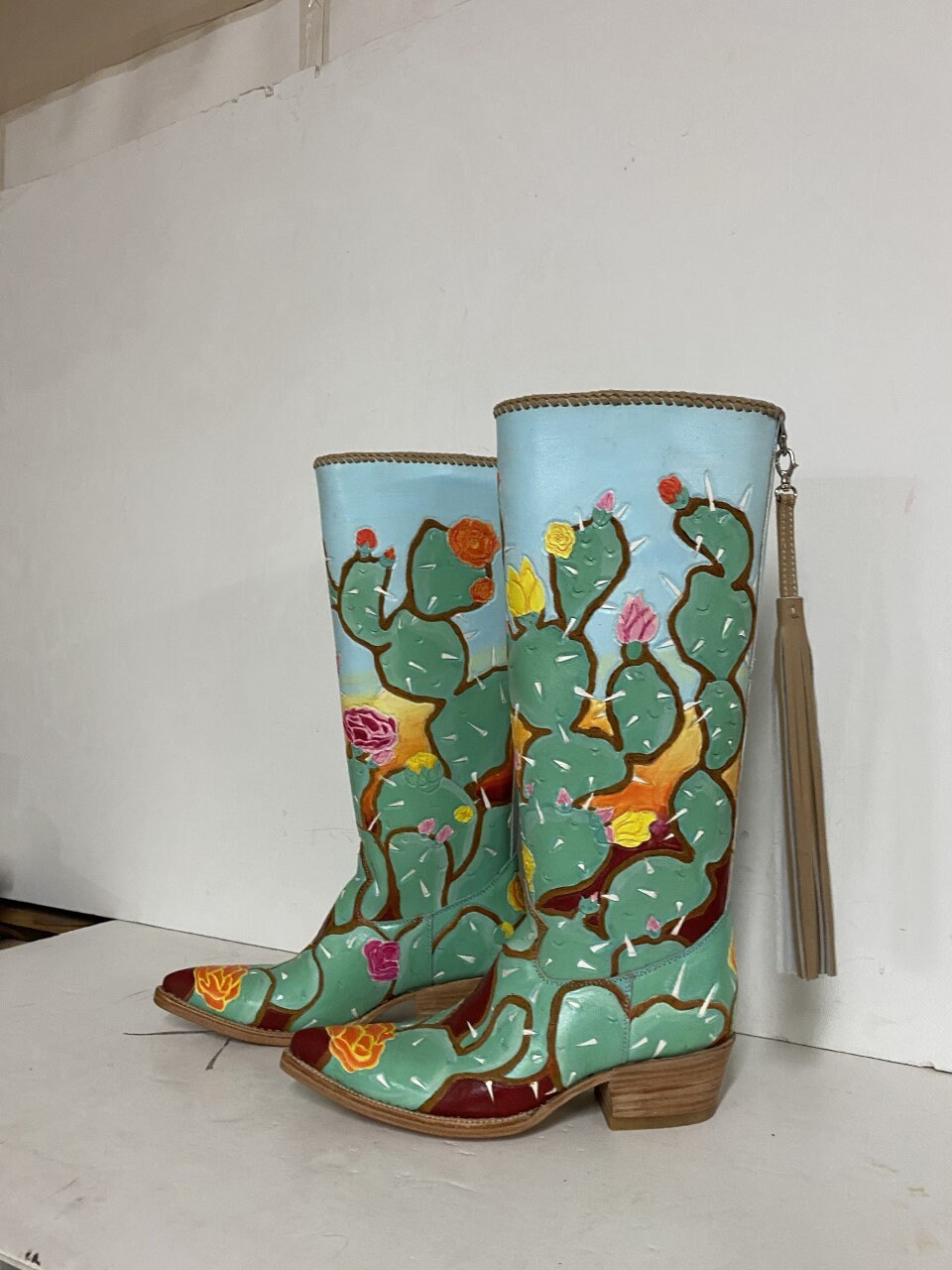Hand tolled cactus boots with top lacing and side strings Etsy