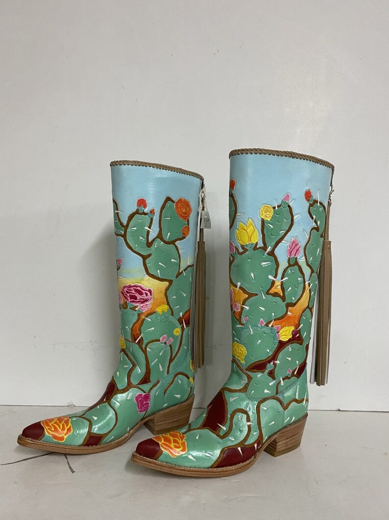 Hand tolled cactus boots with top lacing and side strings Etsy