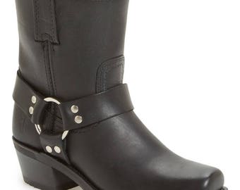 ankle height harness boot in distressed black leather