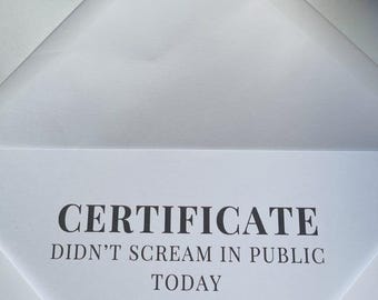 Funny Anxiety Certificate | Didn't Scream Today Award (A5 PDF)