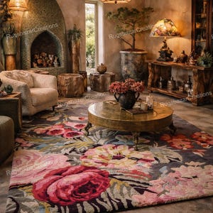 May include: A cozy living room scene featuring a large floral rug with pink and red blooms. The room includes a fireplace, wooden furniture, and a round coffee table. Overhead, a decorative light fixture hangs from the wooden ceiling.