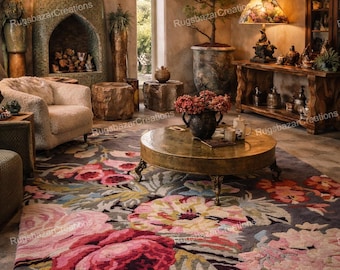 Alfombra floral, alfombra de lana tejida a mano de estilo vintage, alfombra floral colorida para sala de estar, dormitorio, alfombra decorativa de estilo rústico para el hogar, 5x8
