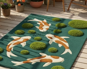 Koi Fischteich Teppich, Handgetufteter Natur Inspirierter Teppich, Blaues Wasser und Grünes Moos Design Teppich| Wohnzimmer, Schlafzimmer, Haus & Büro Dekor