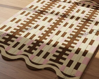Checkered Wavy Rug – Modern Geometric Pink & Brown Area Rugs, Handmade Statement Rug Bedroom Decor 4x6 5x7 8x10 9x12