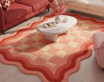 Alfombra rosa de cuadros ondulados: alfombra retro colorida con mechones suaves y bordes festoneados para dormitorio, sala de estar y decoración del hogar.